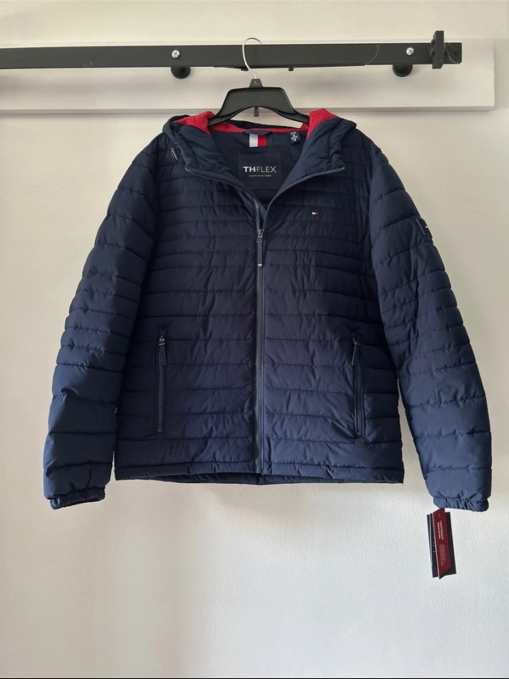 Tommy Hilfiger Navy Puffer Jacket with Red Hood Lining